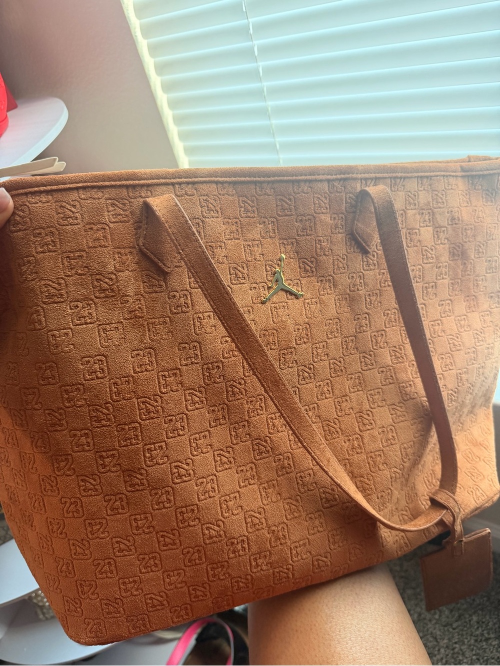 Jordan Tan Jacquard Tote with Gold Jumpman